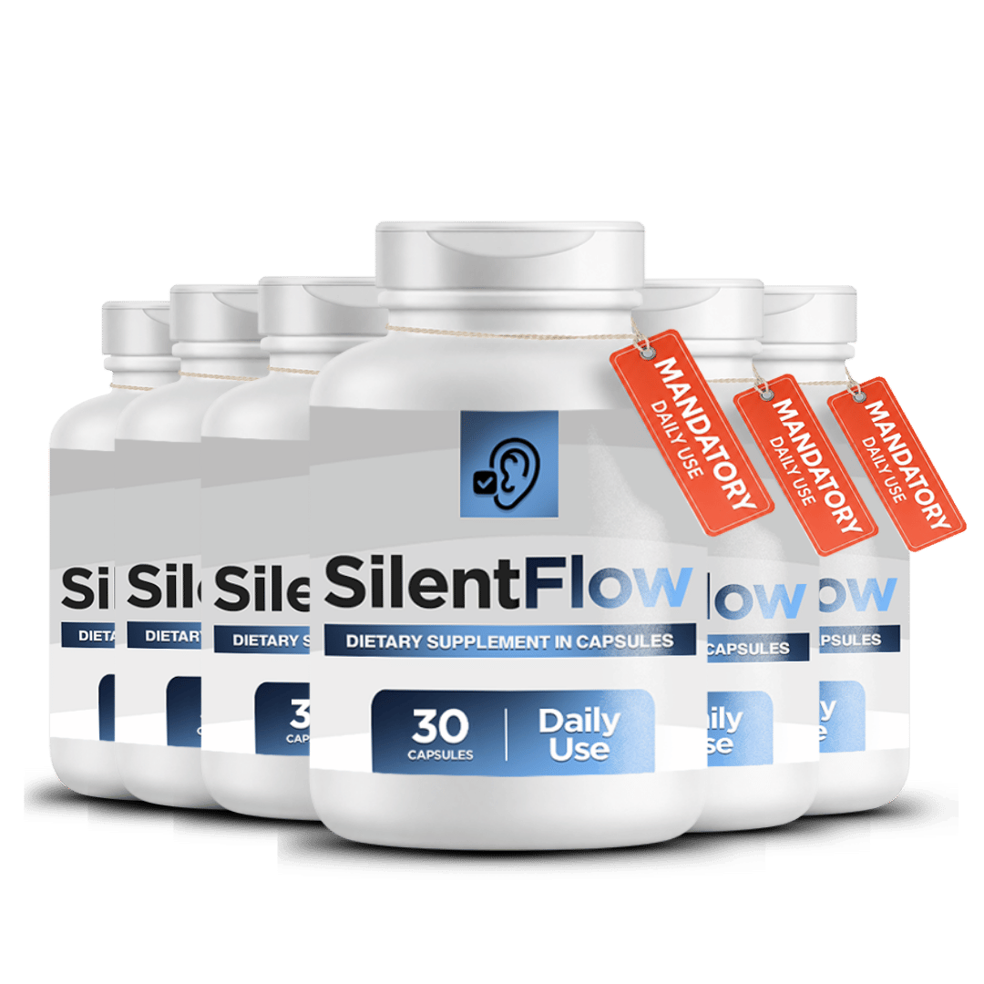 Six SilentFlow dietary supplement bottles, 30 capsules each